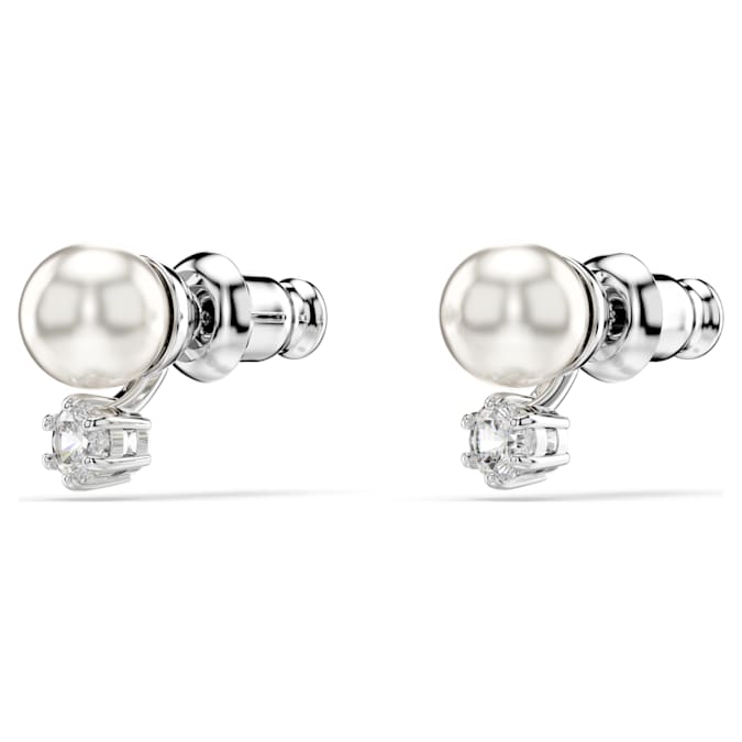 Matrix stud earrings Crystal pearl, Round cut, White, Rhodium plated