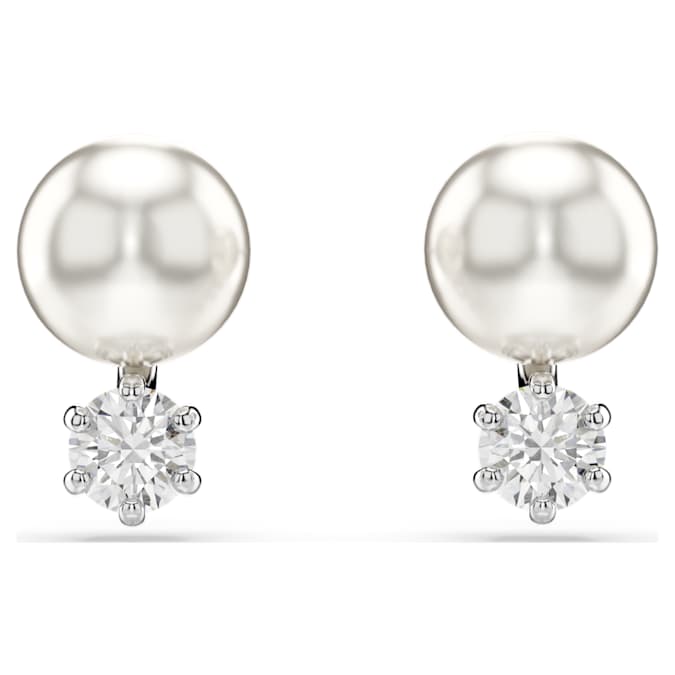 Matrix stud earrings Crystal pearl, Round cut, White, Rhodium plated