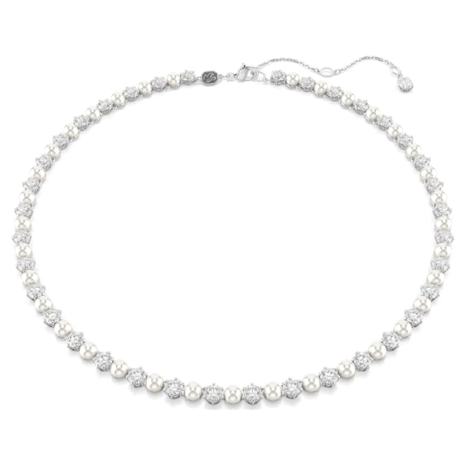 Matrix Tennis necklace Crystal pearl, Round cut, White, Rhodium plated