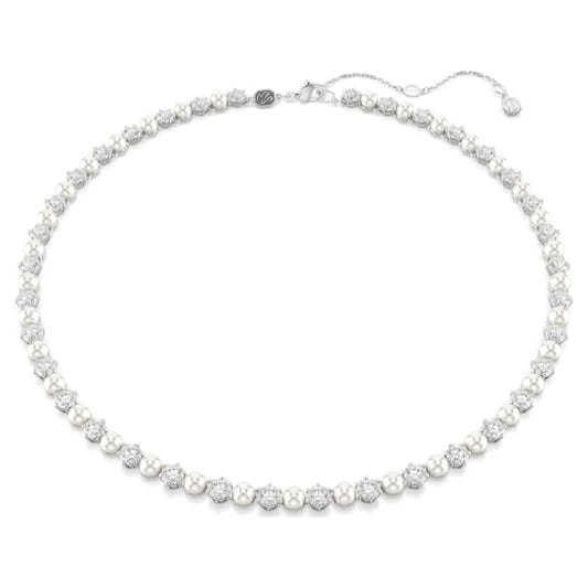 Matrix Tennis necklace Crystal pearl, Round cut, White, Rhodium plated