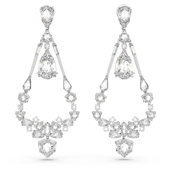 Mesmera clip earrings Mixed cuts, Chandelier, Long, White, Rhodium plated