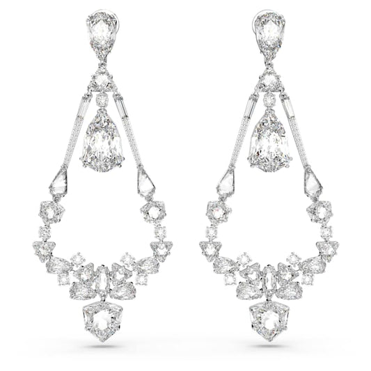Mesmera clip earrings Mixed cuts, Chandelier, Long, White, Rhodium plated
