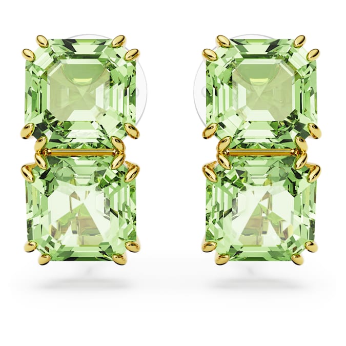 Millenia clip earrings Square cut, Green, Gold-tone plated