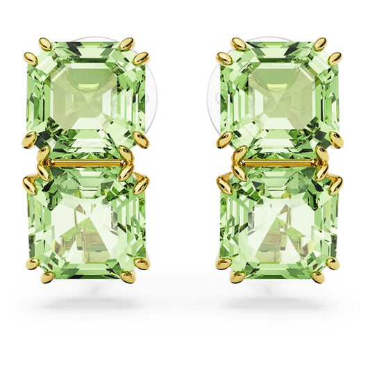 Millenia clip earrings Square cut, Green, Gold-tone plated