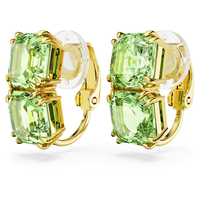 Millenia clip earrings Square cut, Green, Gold-tone plated