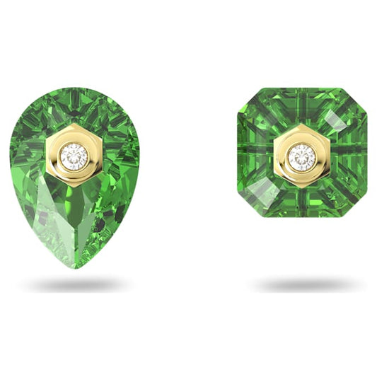Numina stud earrings Asymmetrical design, Mixed cuts, Green, Gold-tone plated