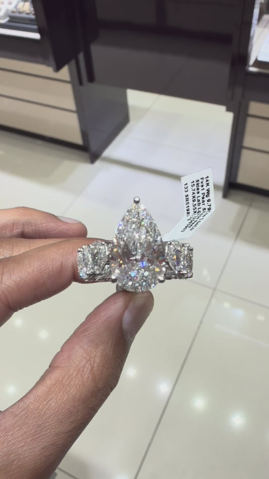 Custom Pear Shape lab engagement ring in 14K white gold 9.79ctw