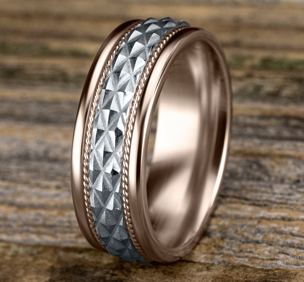 THE GIZA 8mm 14K Rose/White Benchmark men's wedding band