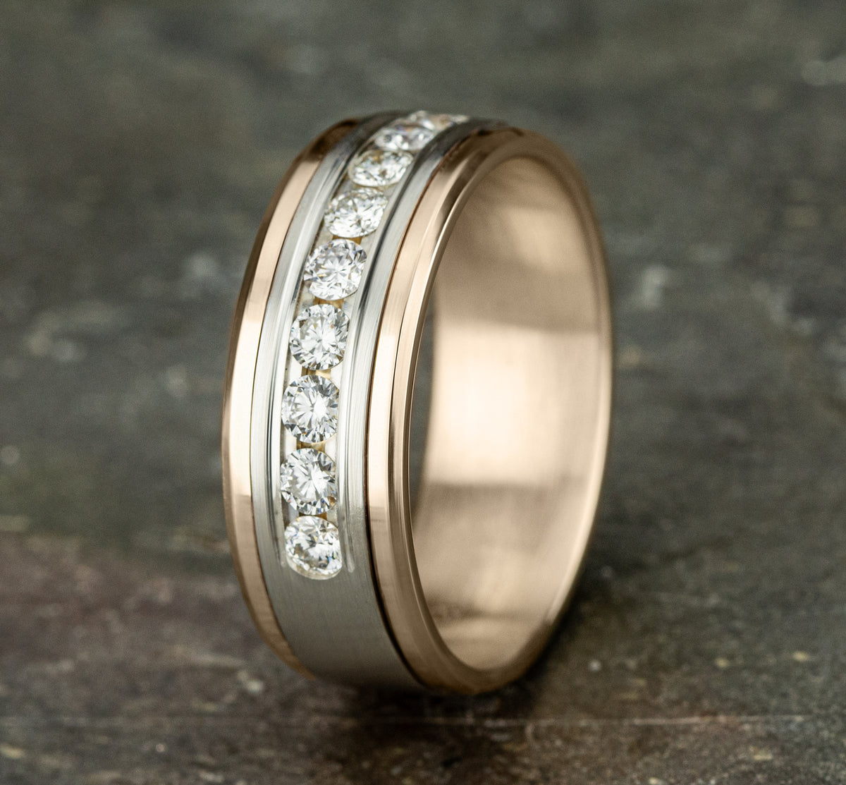 THE MARQUIS 8mm 14K Rose/White Benchmark men's wedding band