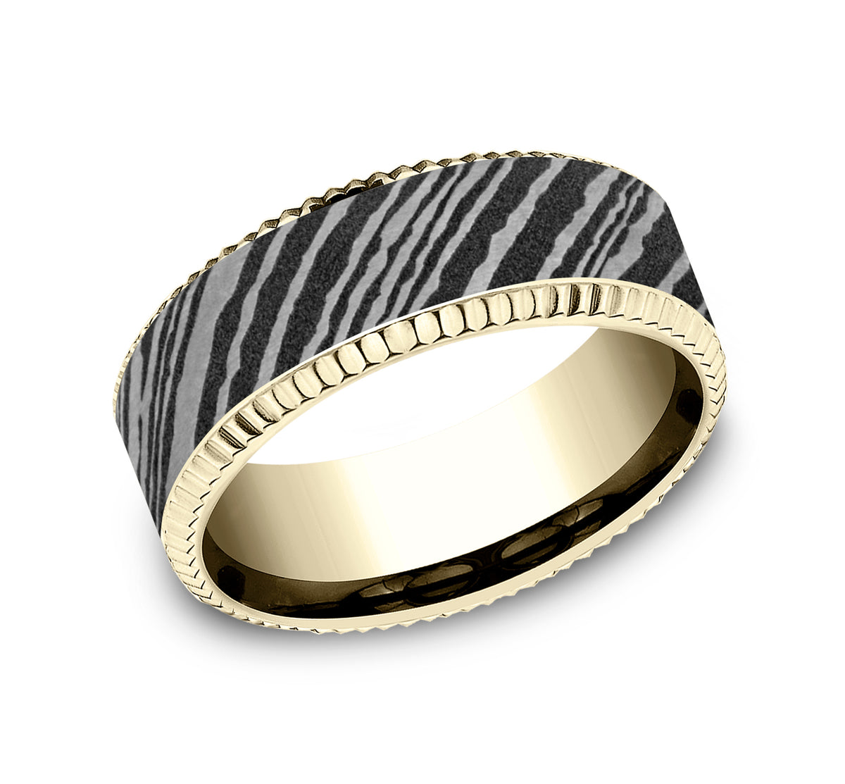 THE GENERAL 8mm 14K Yellow/Damascus Steel Benchmark men's wedding band