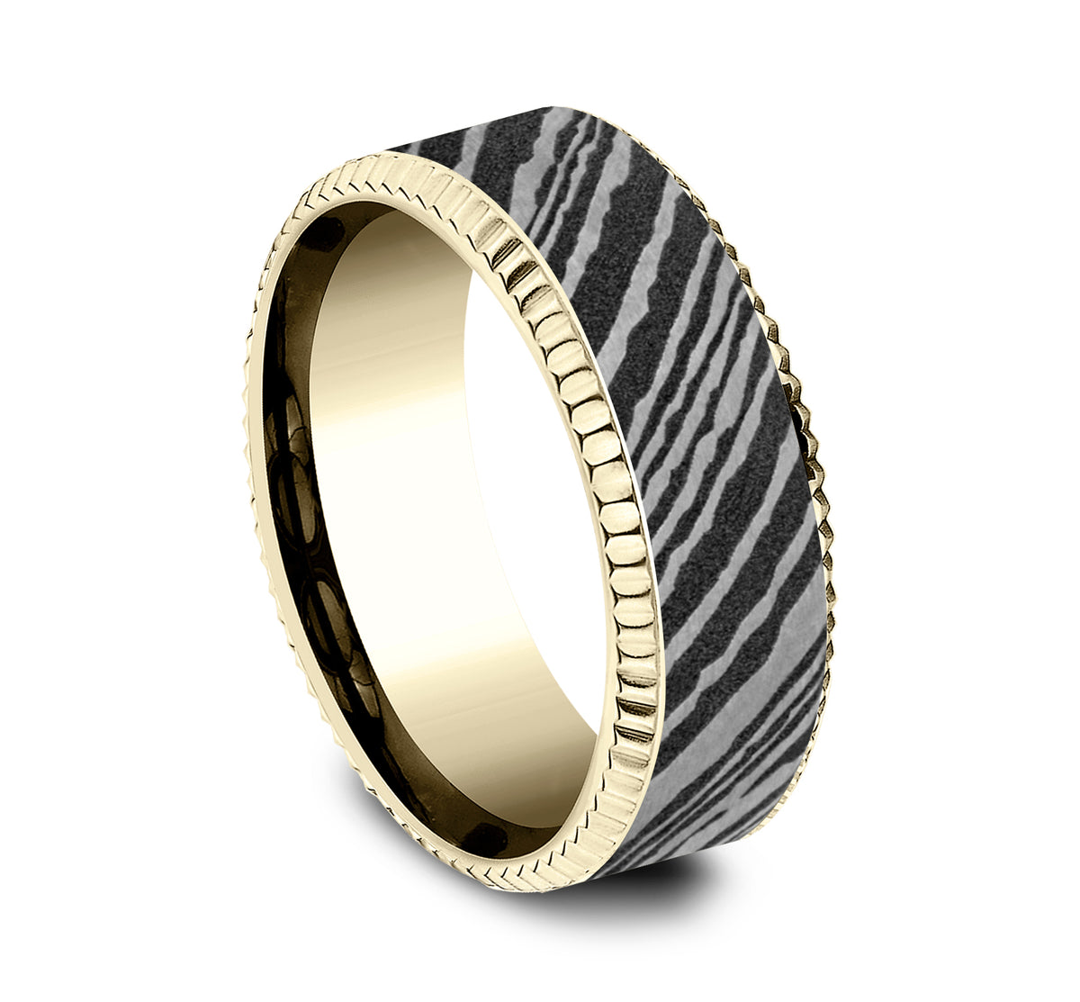 THE GENERAL 8mm 14K Yellow/Damascus Steel Benchmark men's wedding band
