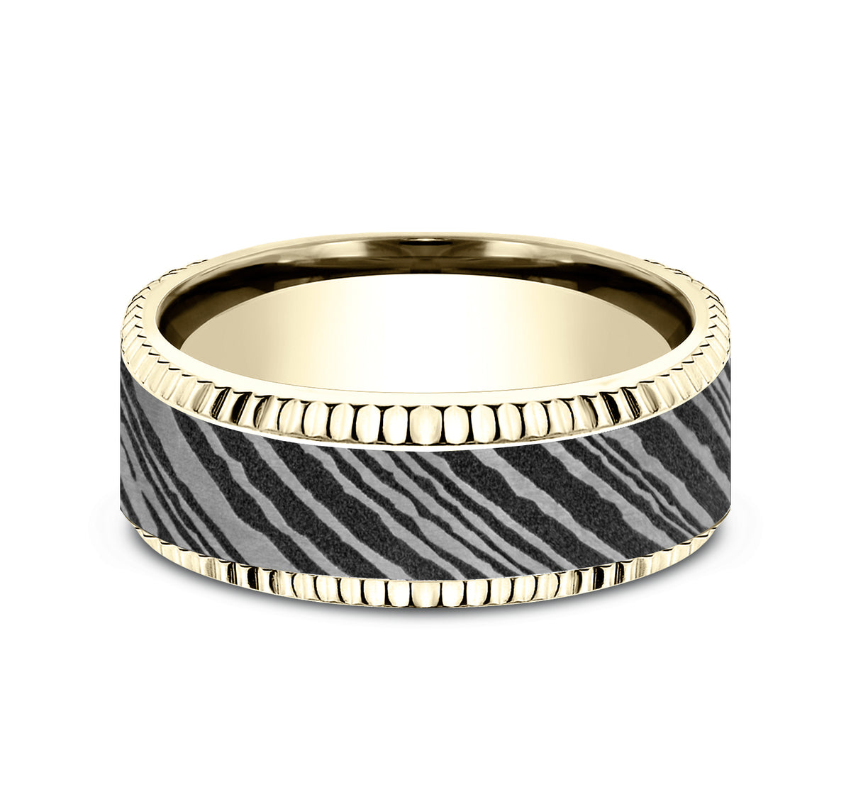 THE GENERAL 8mm 14K Yellow/Damascus Steel Benchmark men's wedding band