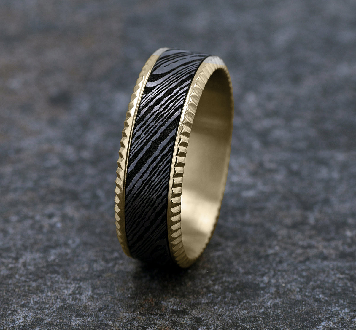 THE GENERAL 8mm 14K Yellow/Damascus Steel Benchmark men's wedding band