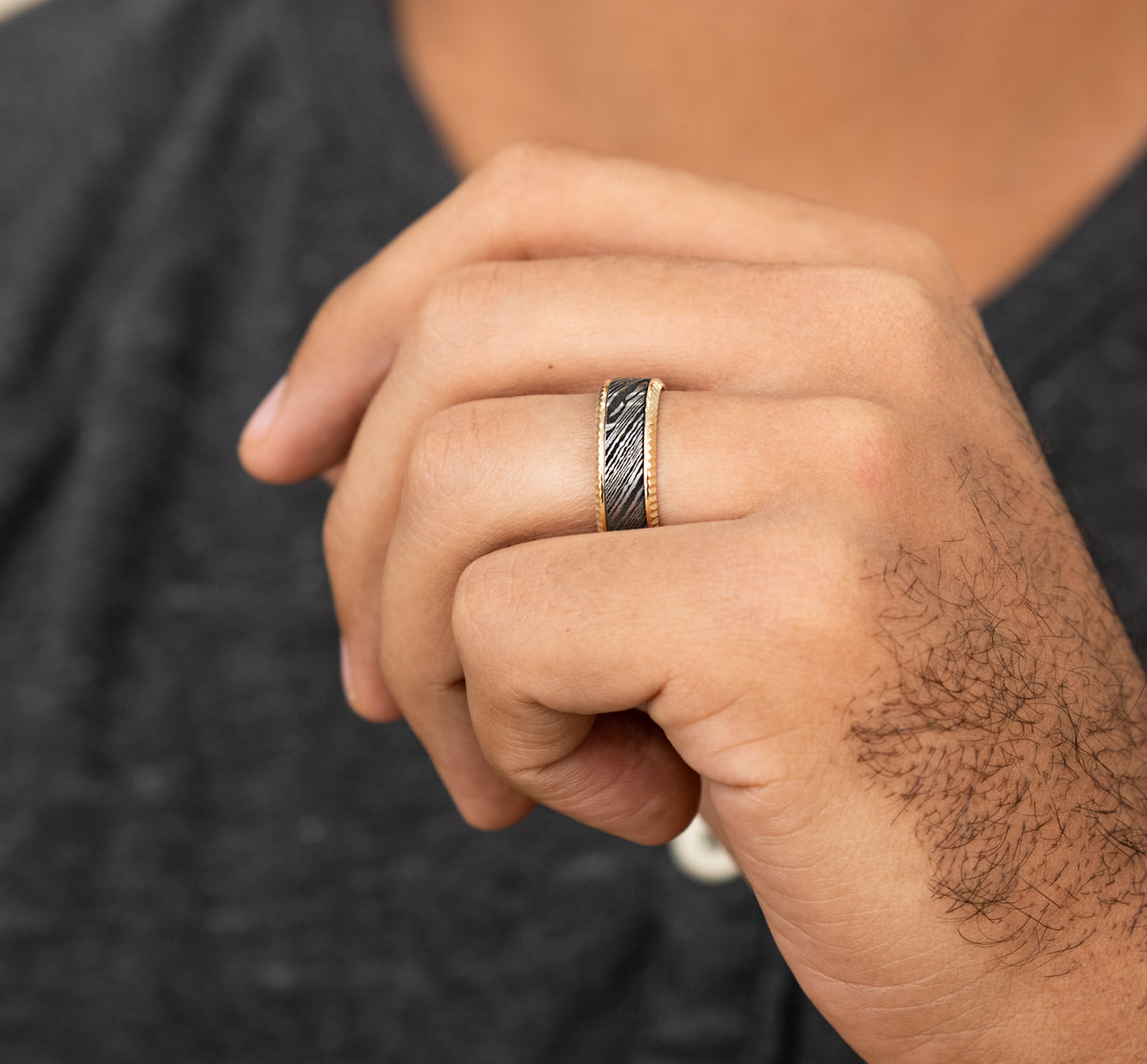 THE GENERAL 8mm 14K Yellow/Damascus Steel Benchmark men's wedding band