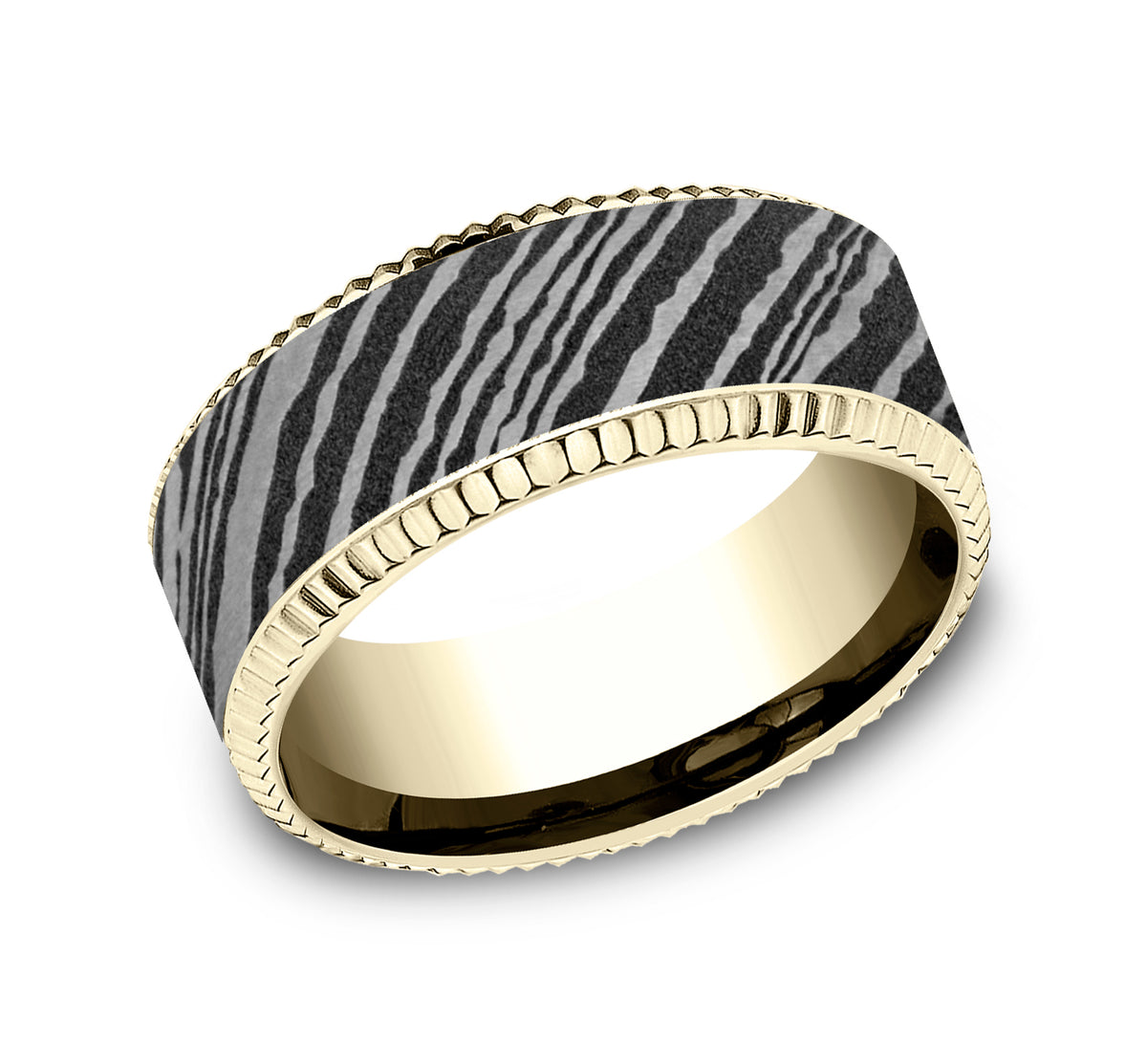 THE GENERAL 8mm 14K Yellow/Damascus Steel Benchmark men's wedding band