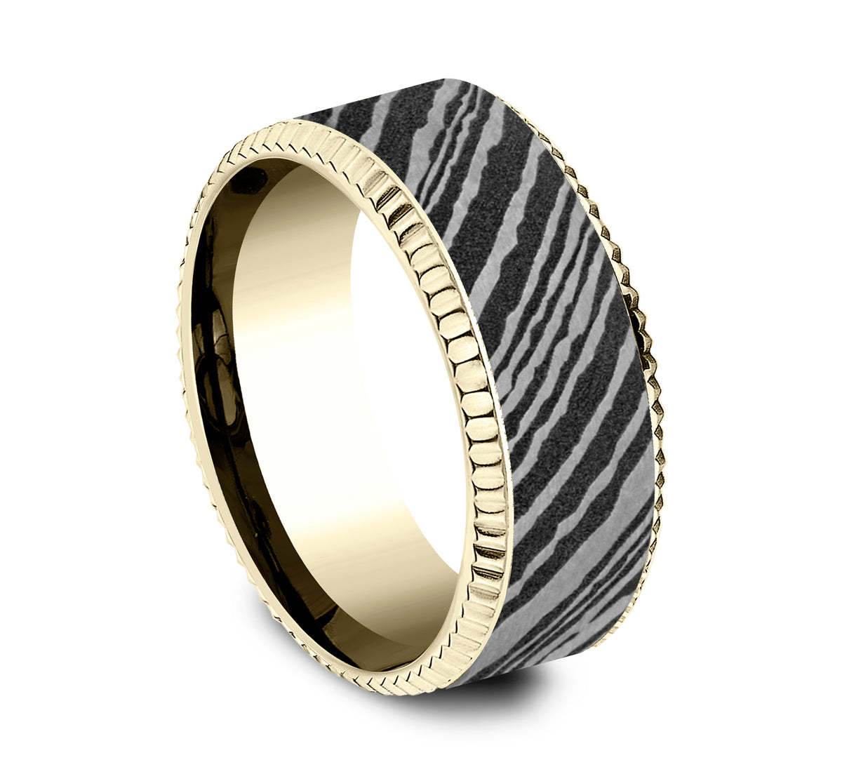 THE GENERAL 8mm 14K Yellow/Damascus Steel Benchmark men's wedding band