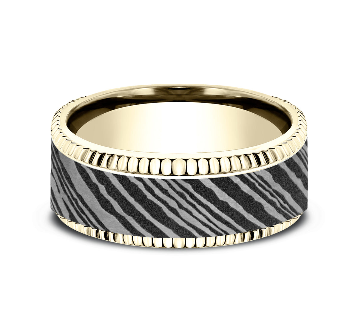 THE GENERAL 8mm 14K Yellow/Damascus Steel Benchmark men's wedding band