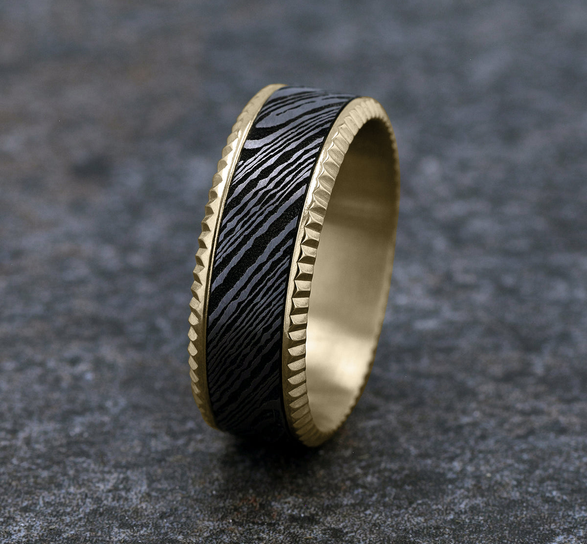 THE GENERAL 8mm 14K Yellow/Damascus Steel Benchmark men's wedding band