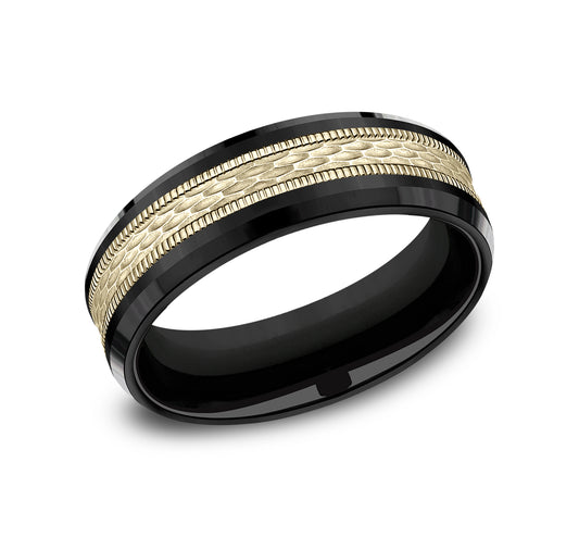 THE ATHLETE 7mm Black Titanium/14K Yellow Benchmark men's wedding band