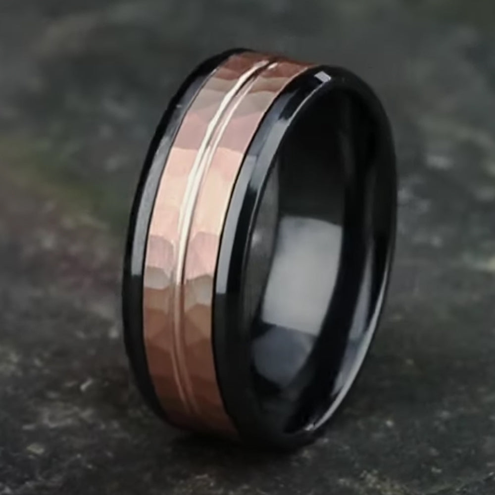 THE RIDLEY 8mm Black Titanium/14K Rose Benchmark men's wedding band