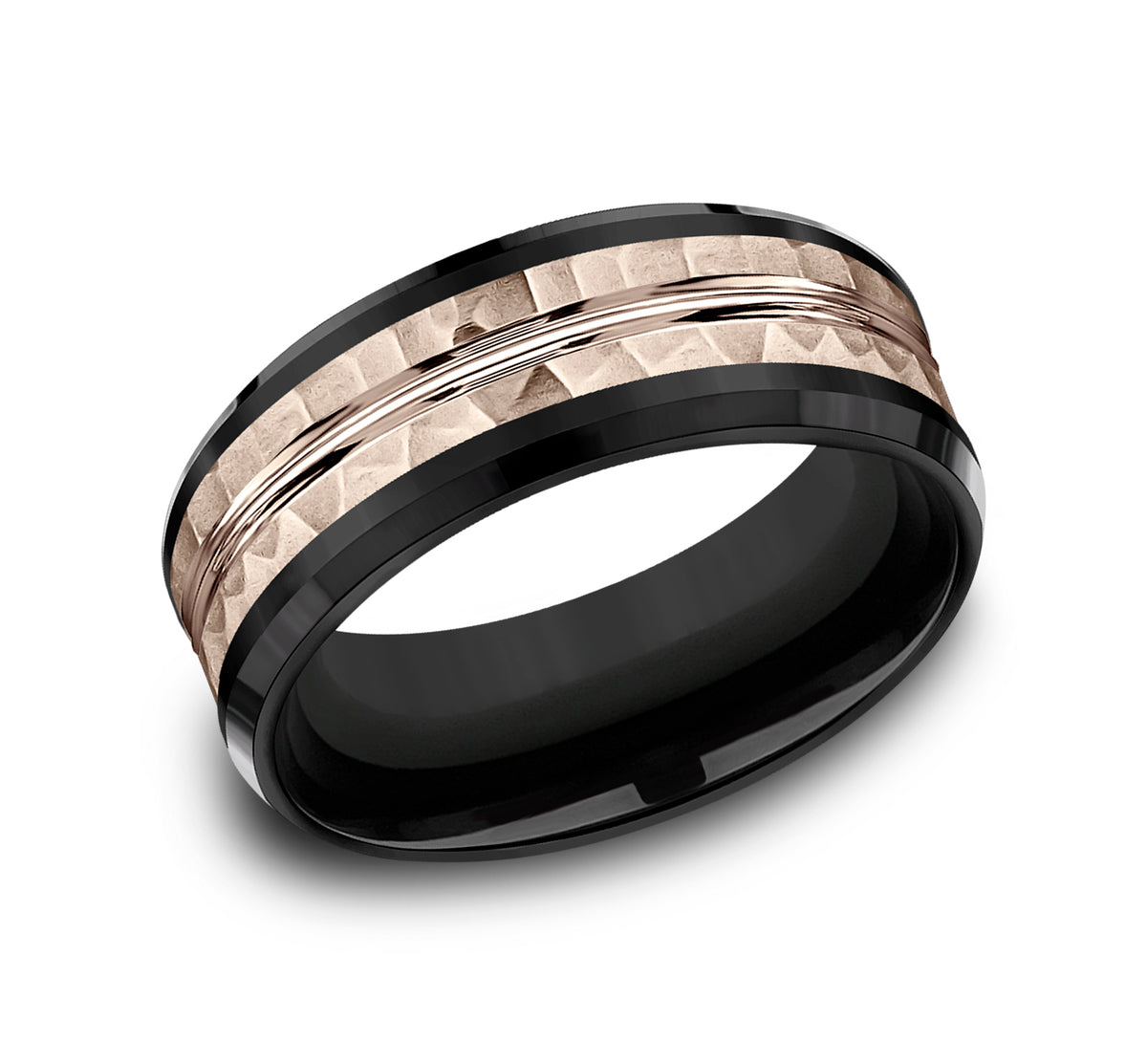 THE RIDLEY 8mm Black Titanium/14K Rose Benchmark men's wedding band