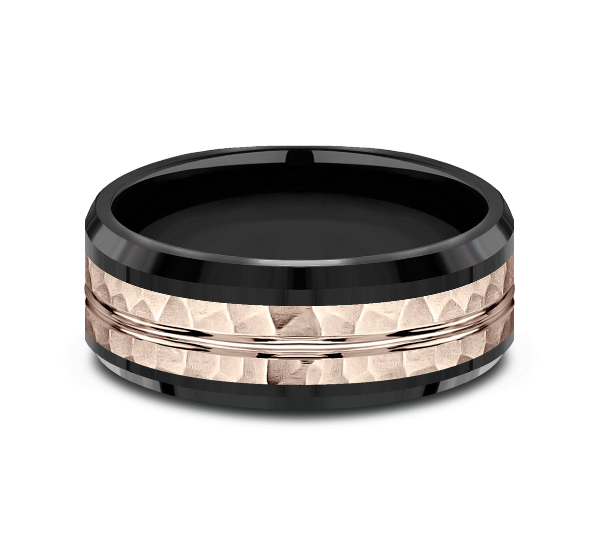 THE RIDLEY 8mm Black Titanium/14K Rose Benchmark men's wedding band