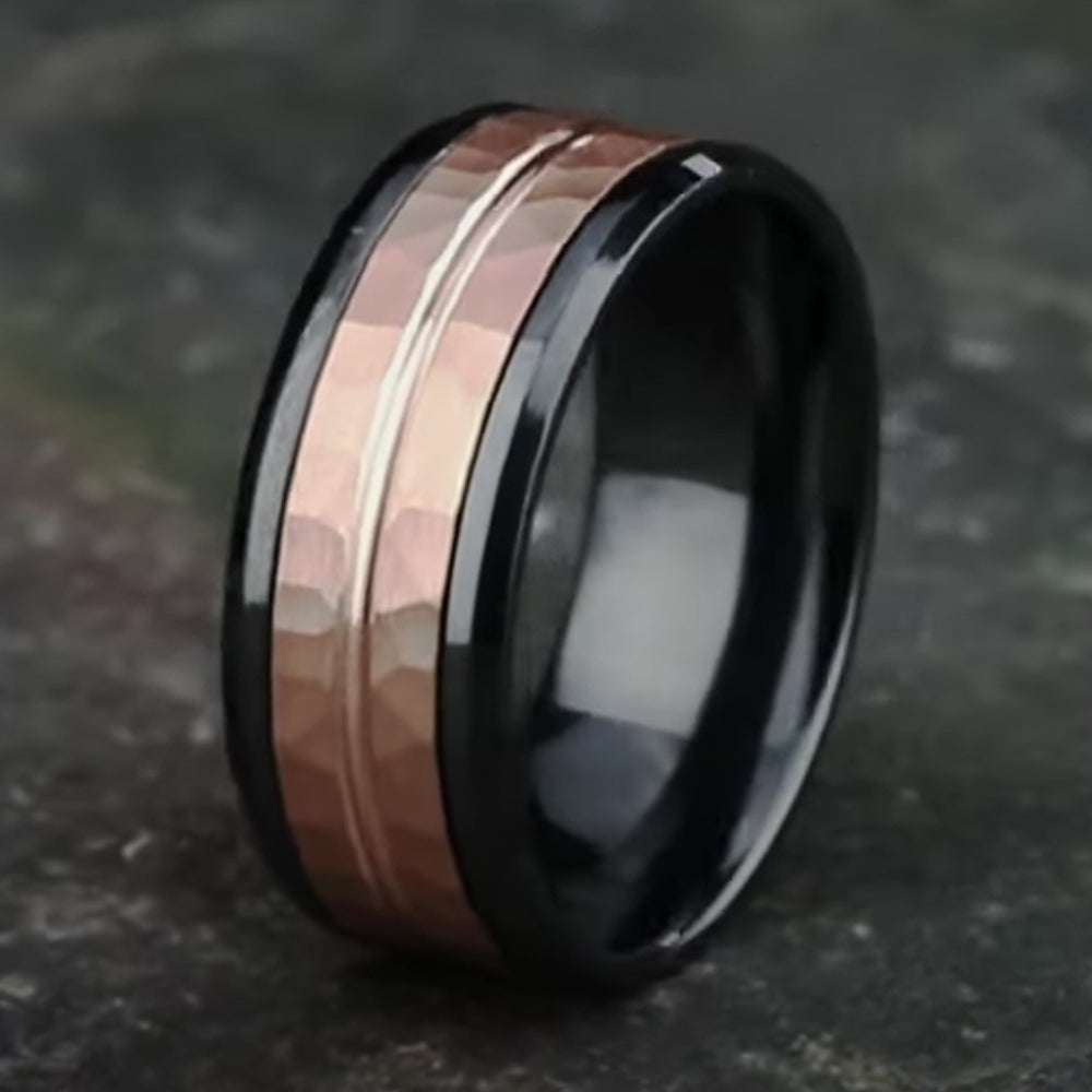 THE RIDLEY 8mm Black Titanium/14K Rose Benchmark men's wedding band