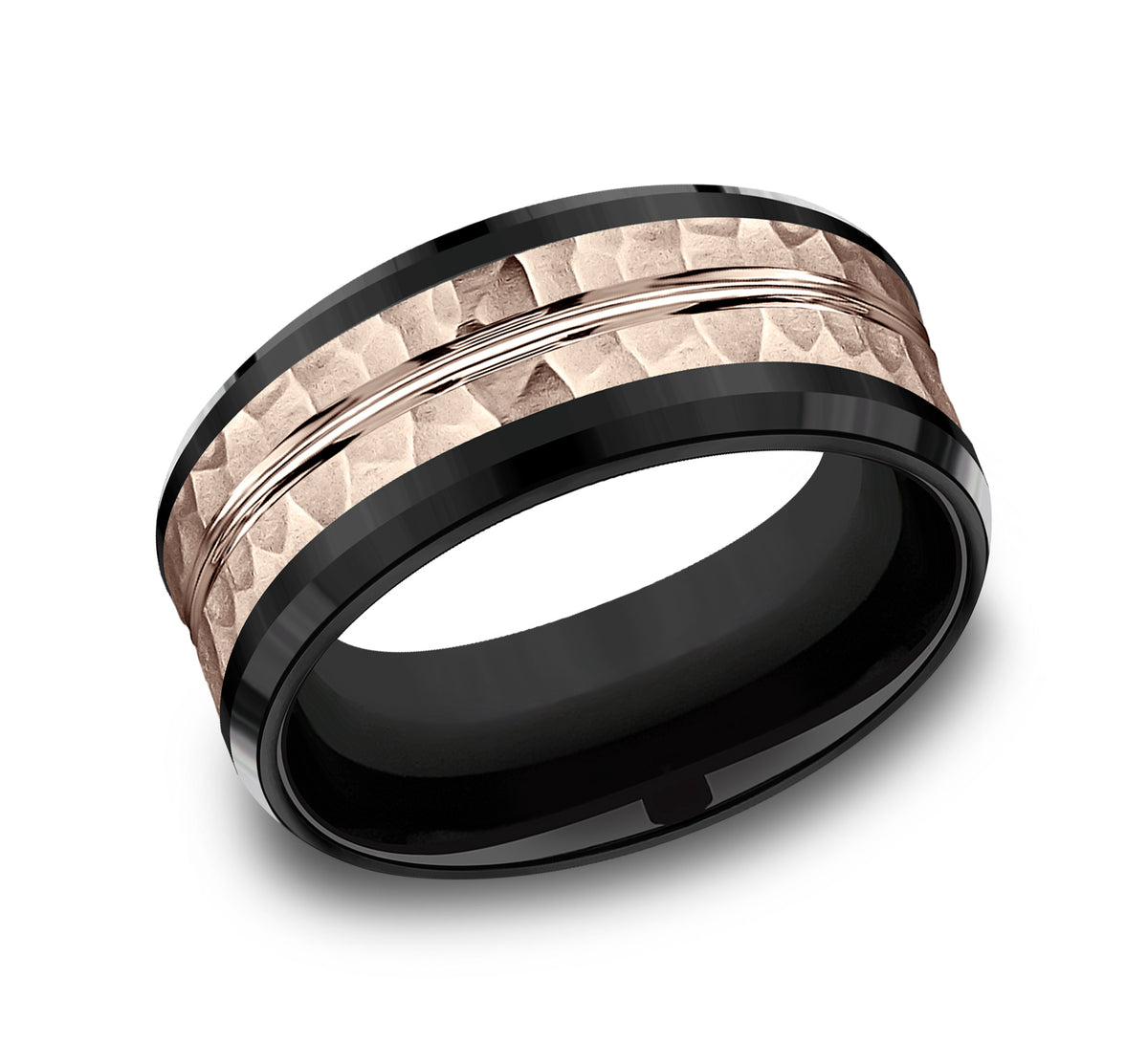THE RIDLEY 8mm Black Titanium/14K Rose Benchmark men's wedding band