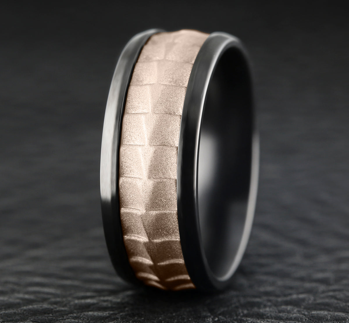 THE DUNDEE 9mm Black Titanium/14K Rose Benchmark men's wedding band