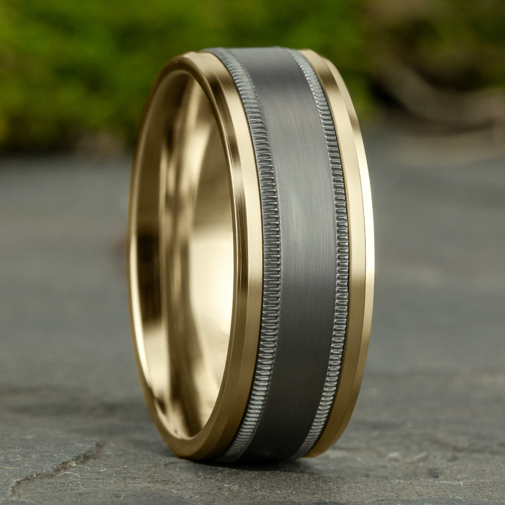 THE PROFESSOR 8mm 14K Yellow/Tantalum Grey Benchmark men's wedding band