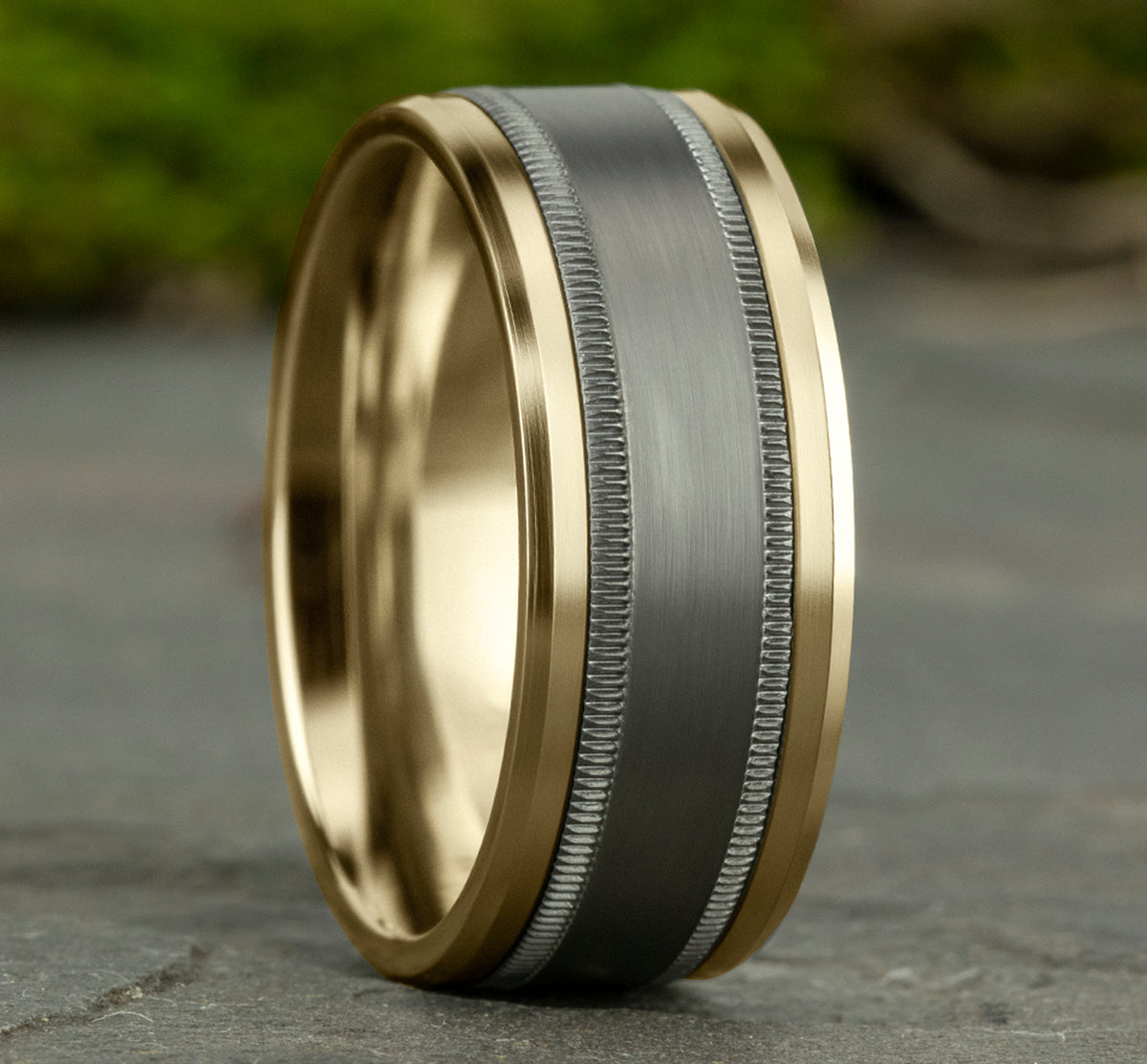 THE PROFESSOR 8mm 14K Yellow/Tantalum Grey Benchmark men's wedding band