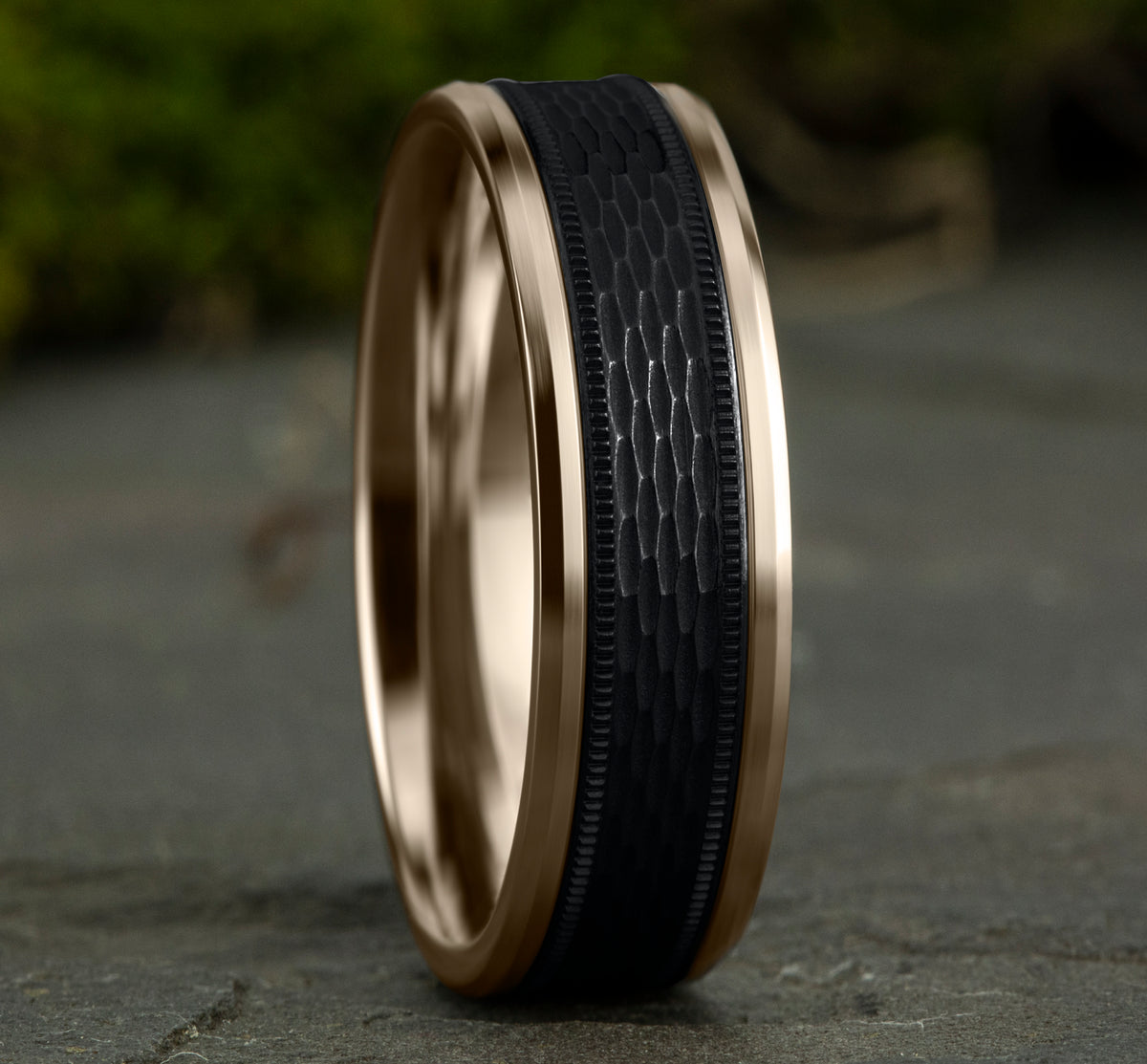 THE ATHLETE 8mm 14K Rose/Black Titanium Benchmark men's wedding band