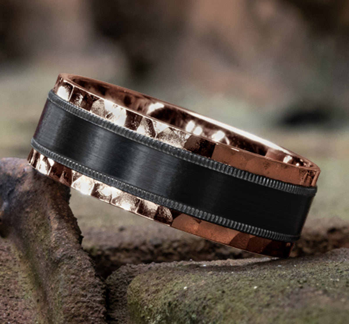 THE DENVER 8mm 14K Rose/Black Titanium Benchmark men's wedding band