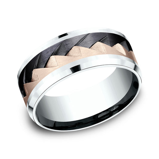 THE RANGE 9mm 14K White/Rose/Black Titanium Benchmark men's wedding band