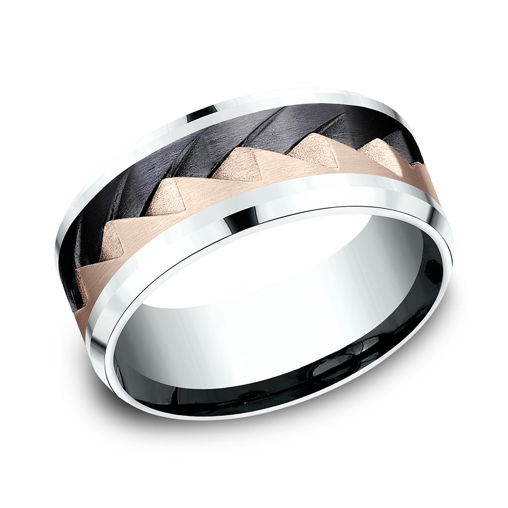 THE RANGE 9mm 14K White/Rose/Black Titanium Benchmark men's wedding band