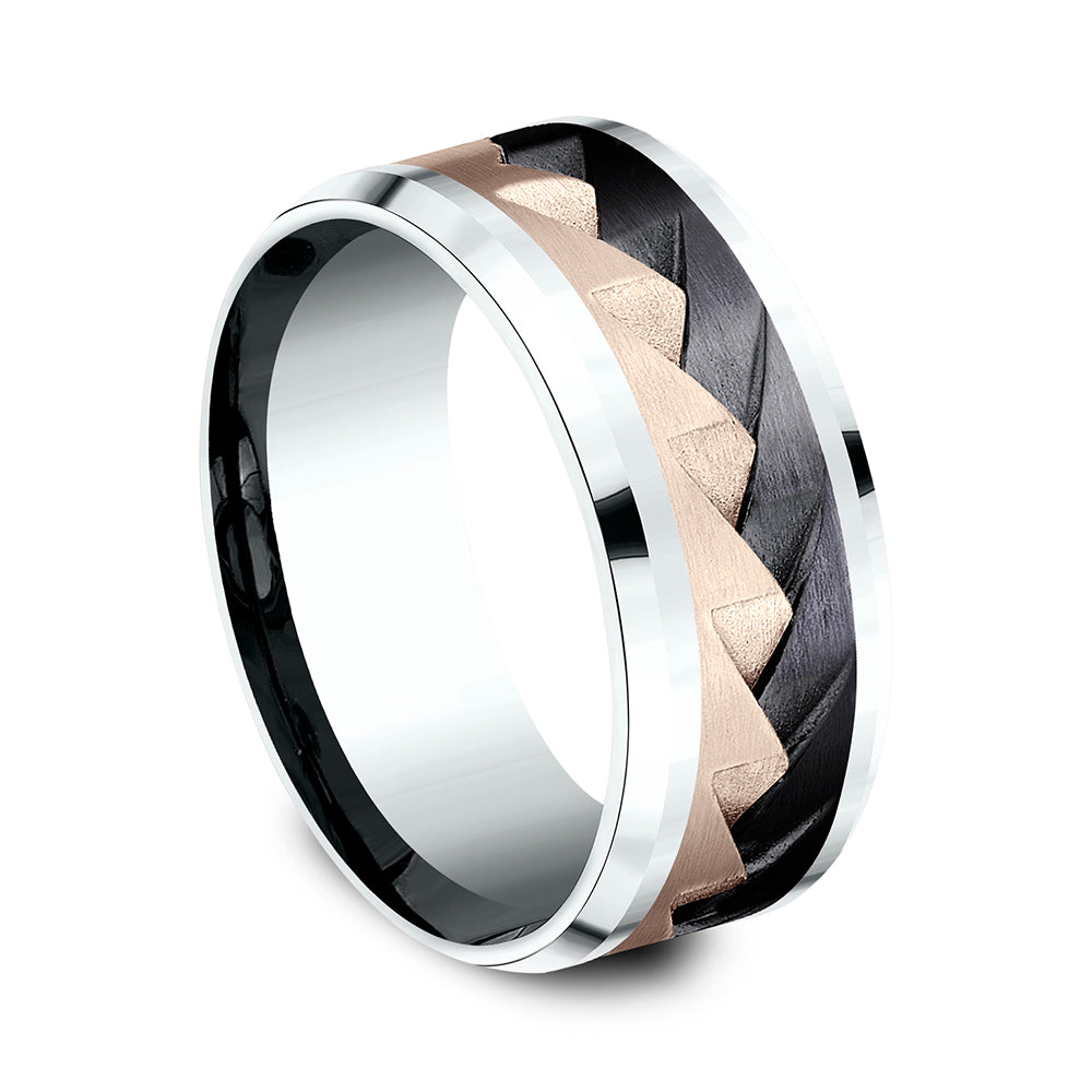 THE RANGE 9mm 14K White/Rose/Black Titanium Benchmark men's wedding band