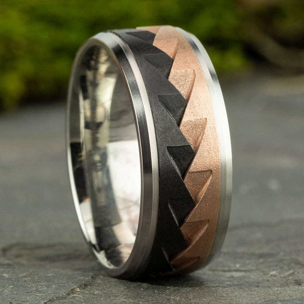 THE RANGE 9mm 14K White/Rose/Black Titanium Benchmark men's wedding band