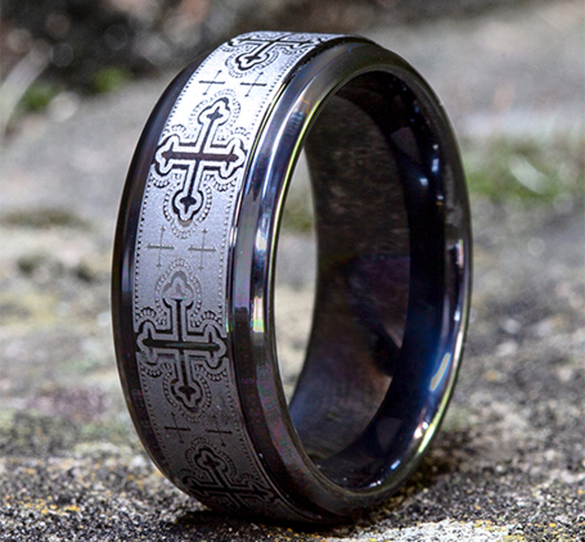 THE CRUSADER 9mm Black Titanium Benchmark men's wedding band