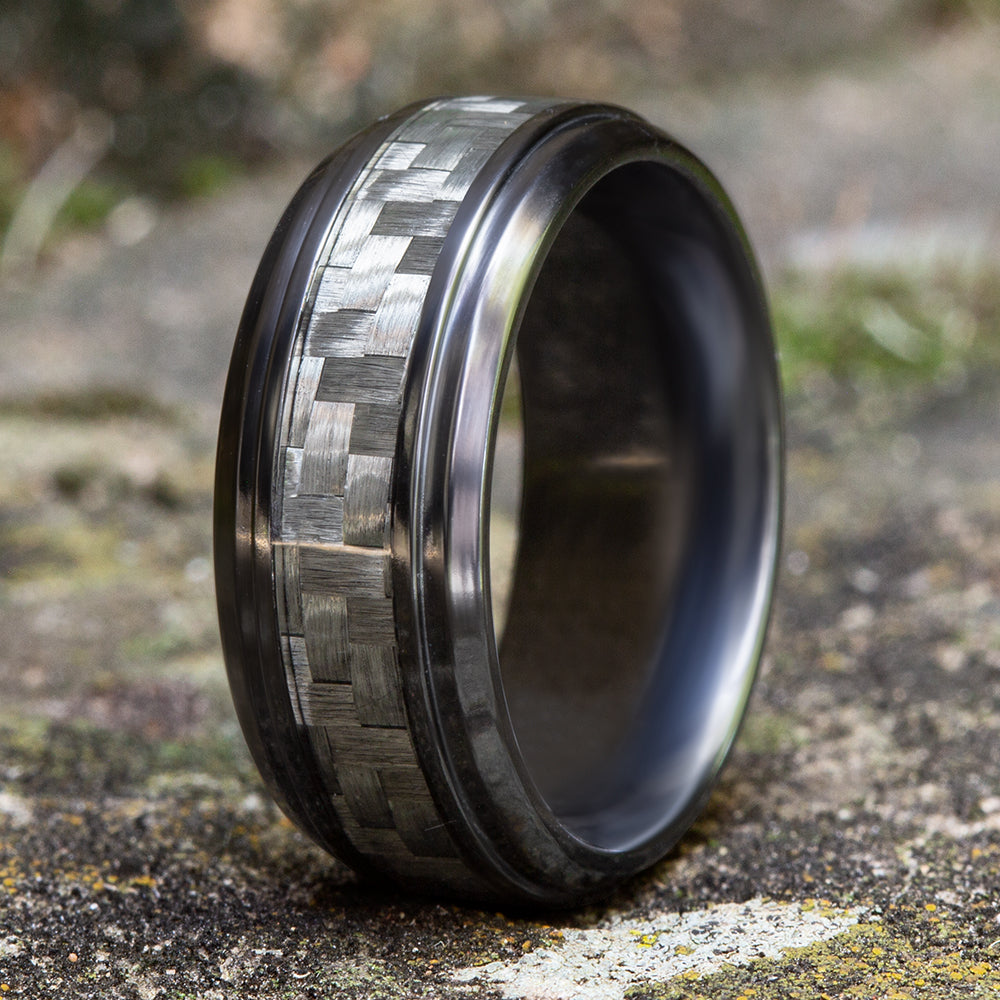 THE ANDRETTI 9mm Black Titanium/Carbon Fiber Grey Benchmark men's wedding band