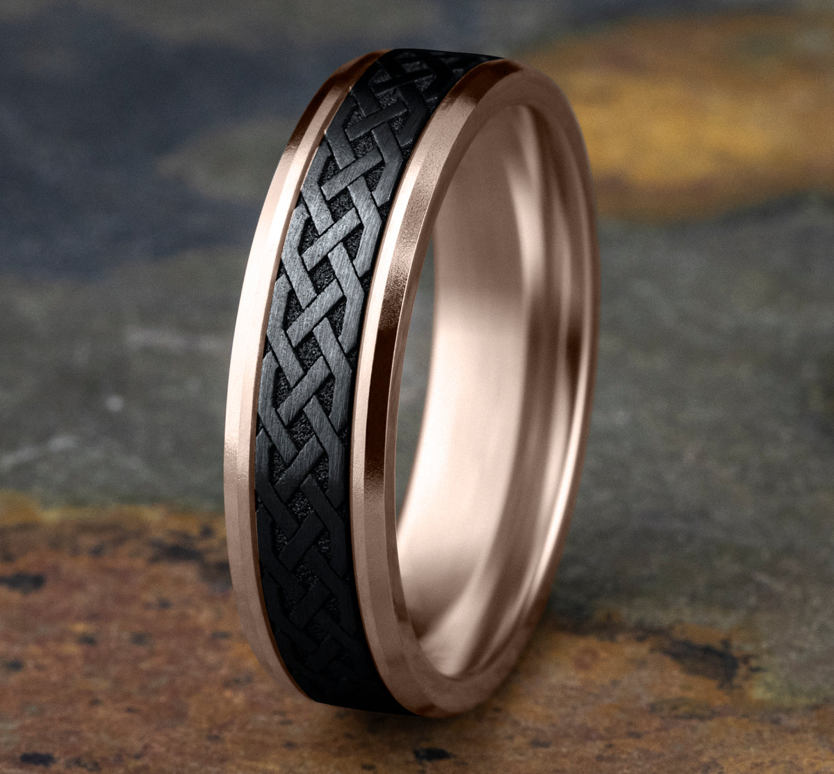THE ADARE 8mm 14K Rose/Black Titanium Benchmark men's wedding band