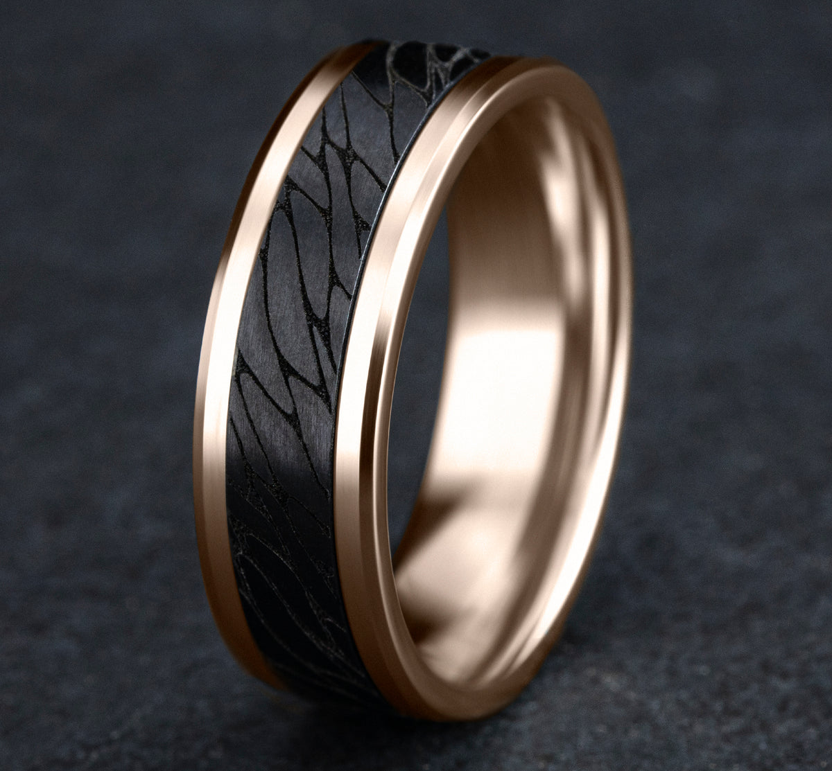 THE DINO 8mm 14K Rose/Black Titanium Benchmark men's wedding band