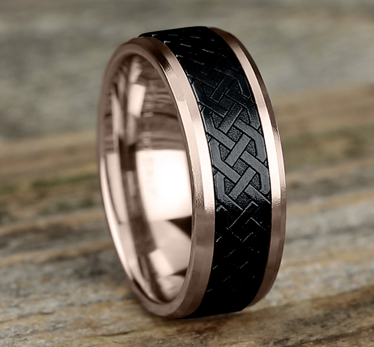 THE ADARE 8mm 14K Rose/Black Titanium Benchmark men's wedding band