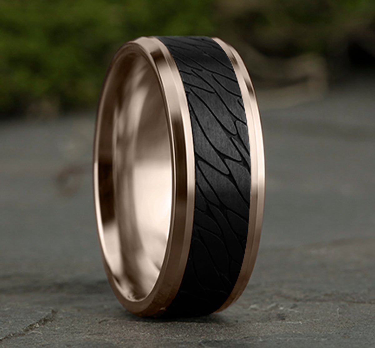 THE DINO 8mm 14K Rose/Black Titanium Benchmark men's wedding band