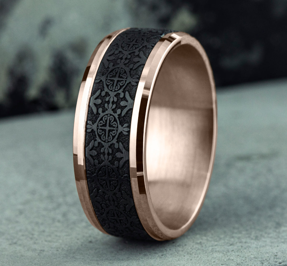 THE SAINT 8mm 14K Rose/Black Titanium Benchmark men's wedding band
