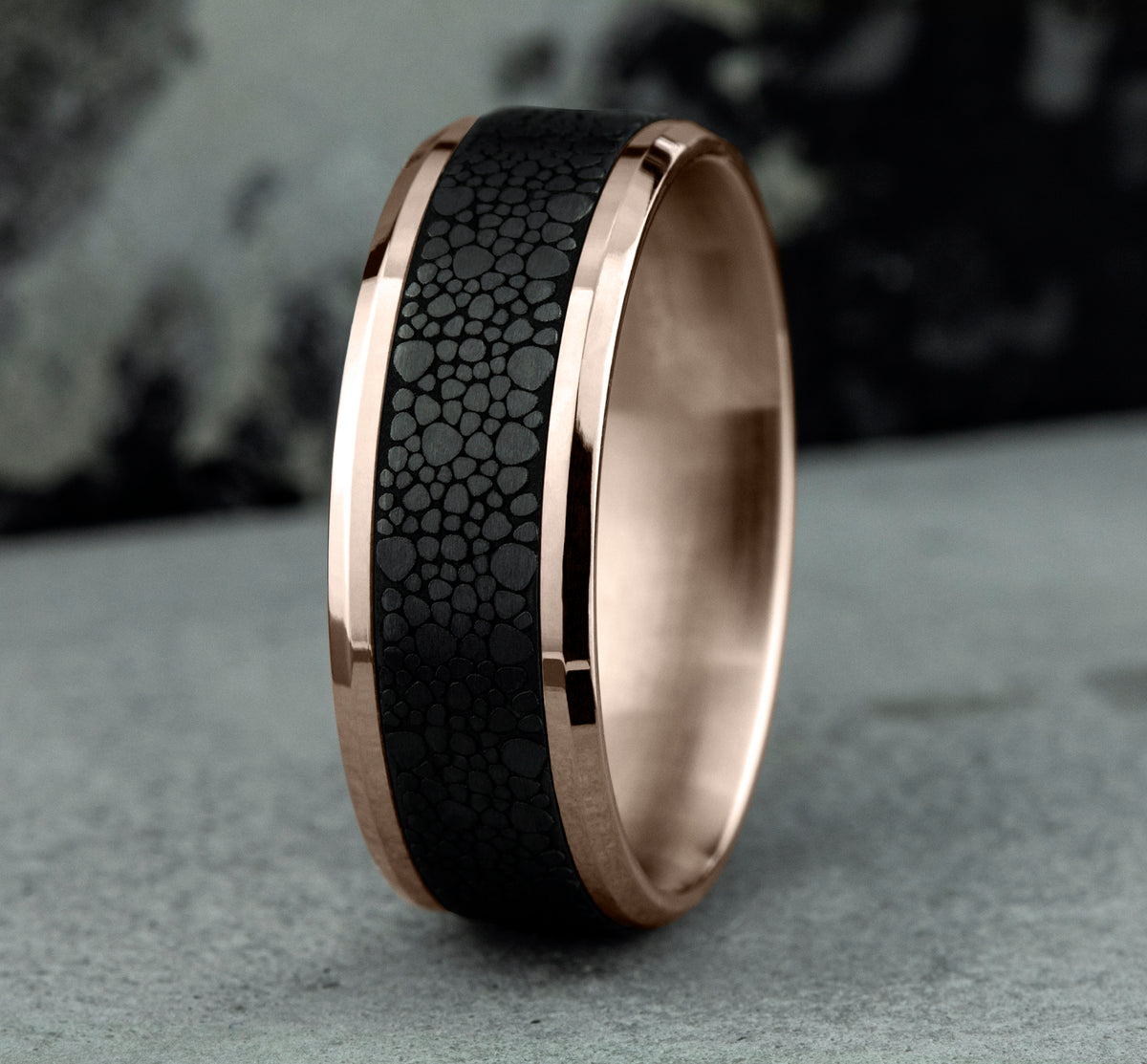 THE QUARRY 8mm 14K Rose/Black Titanium Benchmark men's wedding band
