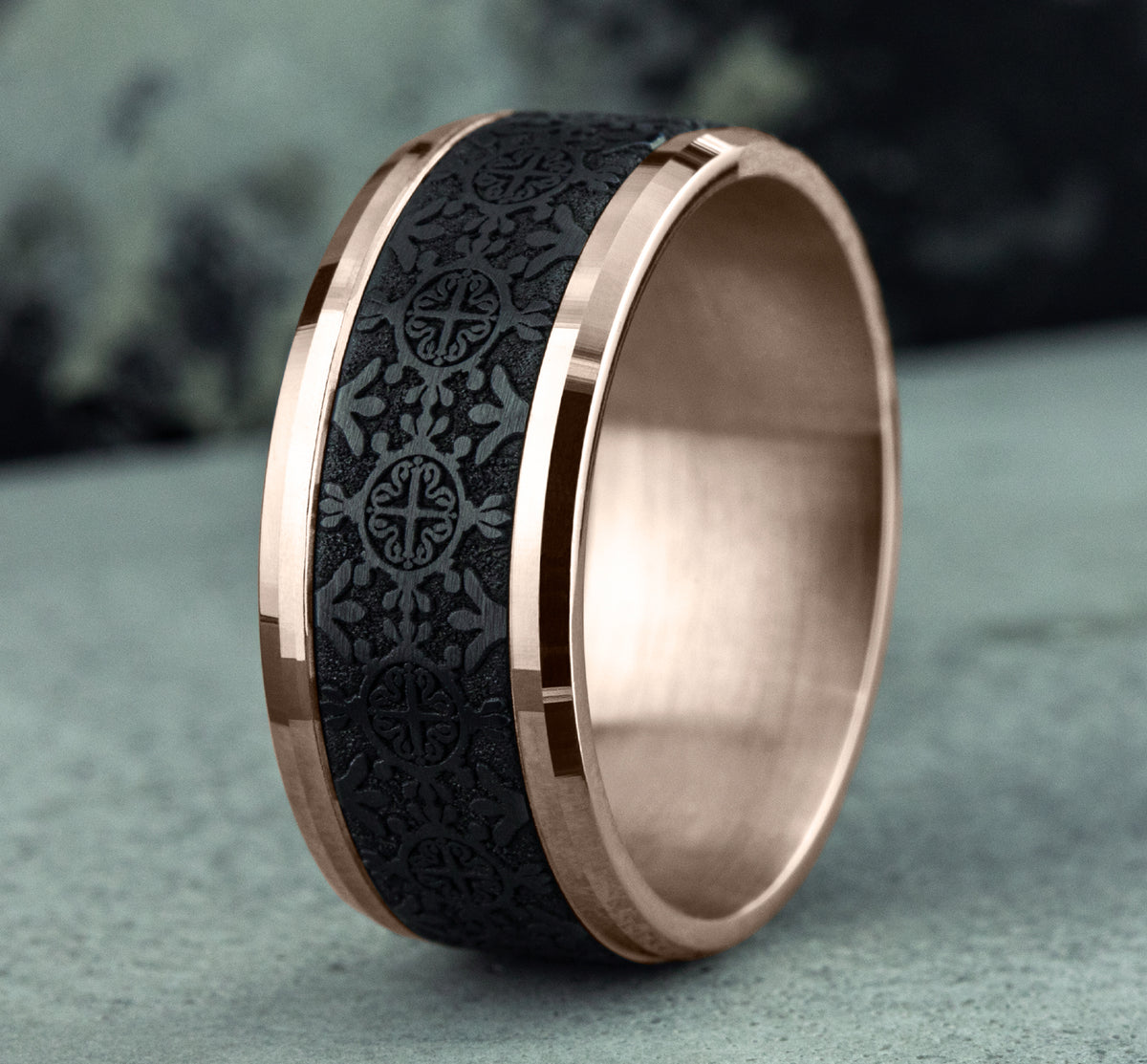 THE SAINT 8mm 14K Rose/Black Titanium Benchmark men's wedding band