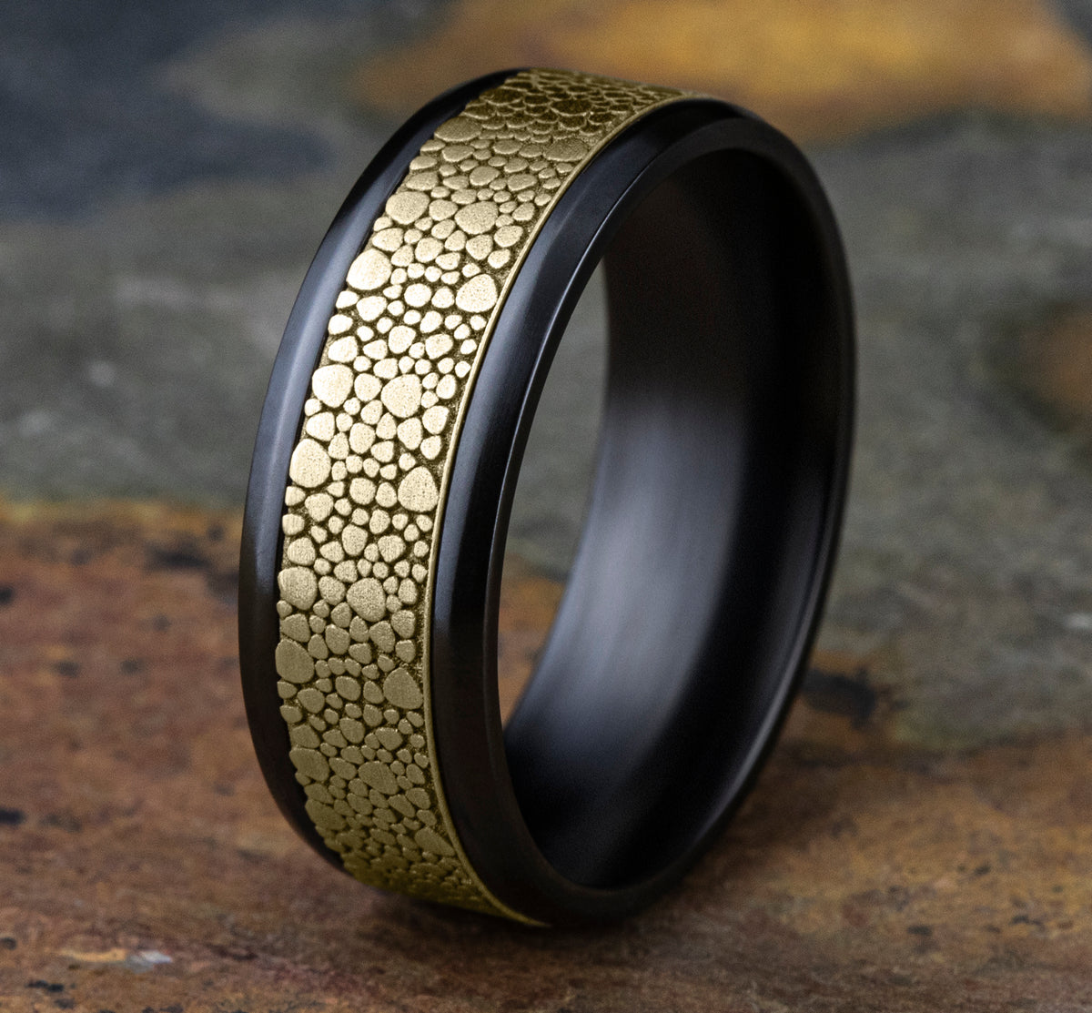 THE QUARRY 8mm Black Titanium/14K Yellow Benchmark men's wedding band