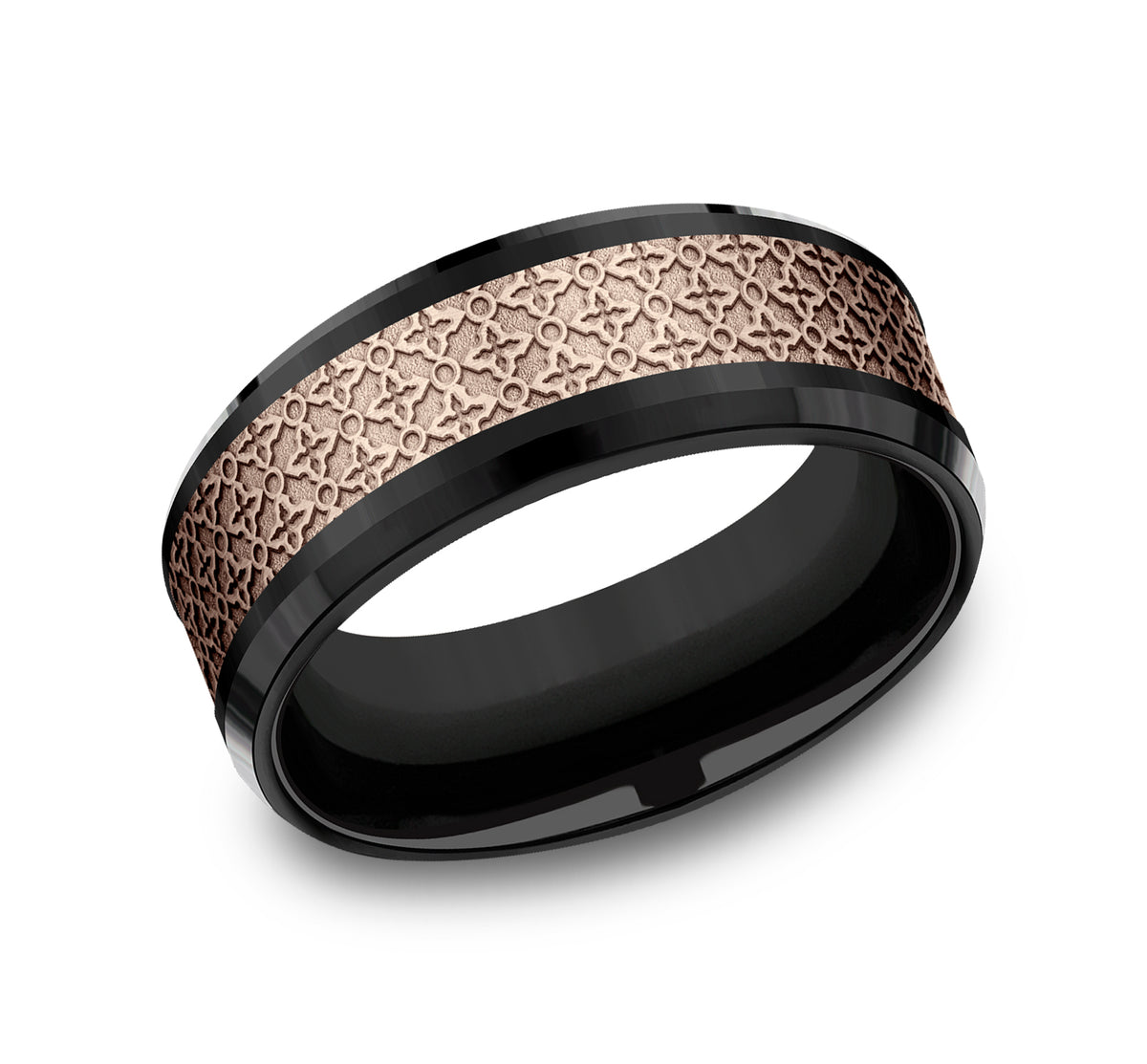 THE VIENNA 8mm Black Titanium/14K Rose Benchmark men's wedding band