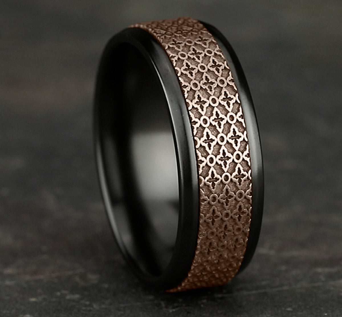 THE VIENNA 8mm Black Titanium/14K Rose Benchmark men's wedding band