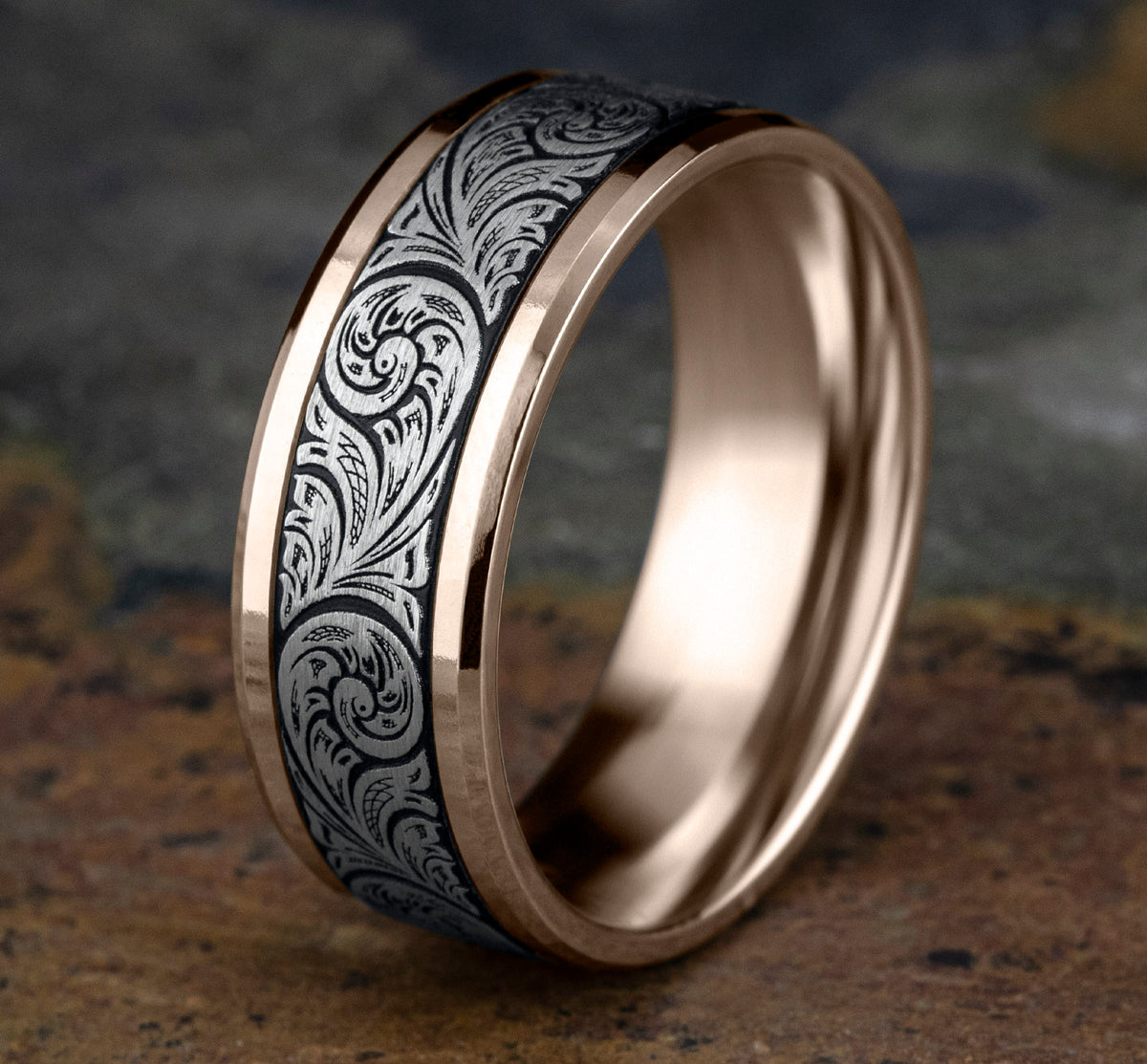 THE CONTESSA 8mm 14K Rose/White Benchmark men's wedding band